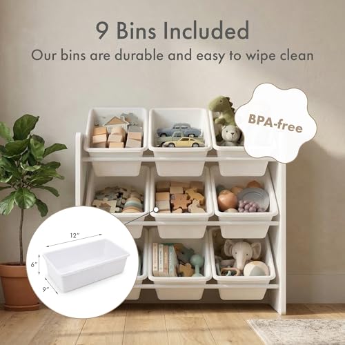 Image of Humble Crew Toy Storage Organizer with 9 Removable Storage Bins for Kids Playroom, 3-Tier Toddler Toy Organization and Storage, White /White