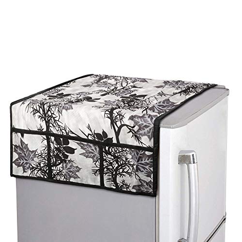 Image of Polyester 3-Layered Fridge Top Cover /Refrigerator Cover with Utility Pockets and Set of 4 Pc Fridge Mats (Color- Floral Black, Size-39x21 Inches)