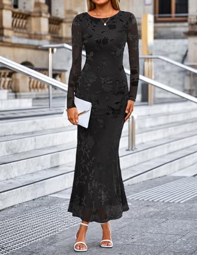MEROKEETY Women's Fall Long Sleeve Maxi Dresses Bodycon Floral Mesh Sexy Wedding Guest Cocktail Party Dress3
