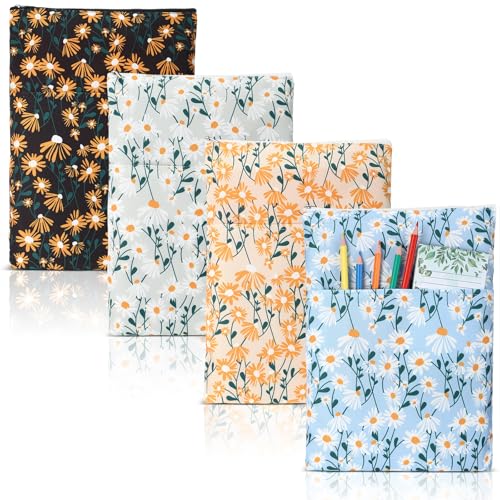 Dinifee 4 Pcs Floral Book Sleeve with Zipper Daisy Flower Fabric Cute Washable Book Protector for Women Reader Bookish Gifts Accessories, 11.8 x 8.7 Inch