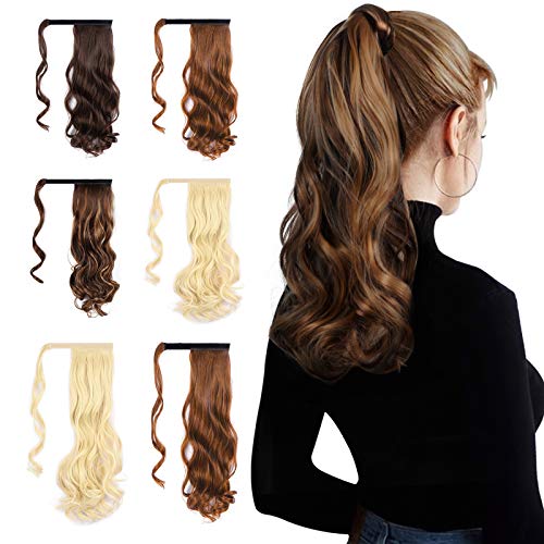 Haimaya Ponytail Extension Wavy Hairpiece Wrap Around Ponytail Hair Extensions for Women Girls Heat Resistant Synthetic Hair Ponytail with Magic Paste, 14 Inch Blonde Mix Medium Brown