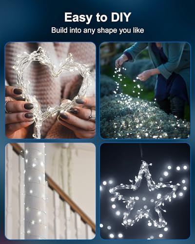 Image of Fairy Lights Battery Operated, Firecracker String Lights Waterproof Silver Wire 5 Feet 60 Led Cluster Starry Lights for DIY Wreath Home Wedding Party Bedroom Mason Jar Holiday Christmas, Pure White