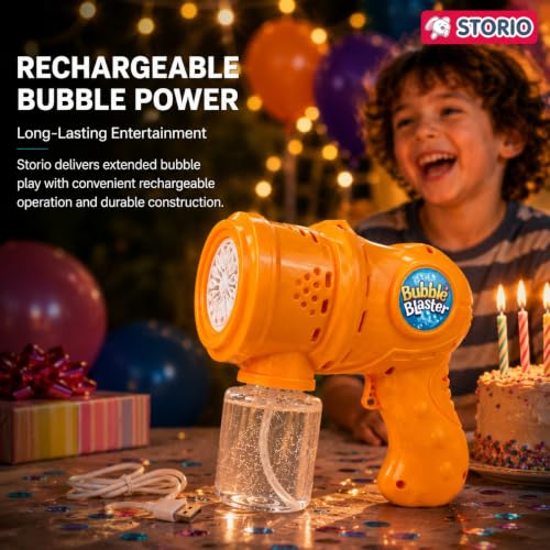 Image of Storio Automatic Bubble Gun for Kids, Rechargeable Electric Bubble Machine with Solution, One Touch Bubble Blower Toy for Indoor Outdoor Party, Gift for Toddlers Boys Girls - Orange