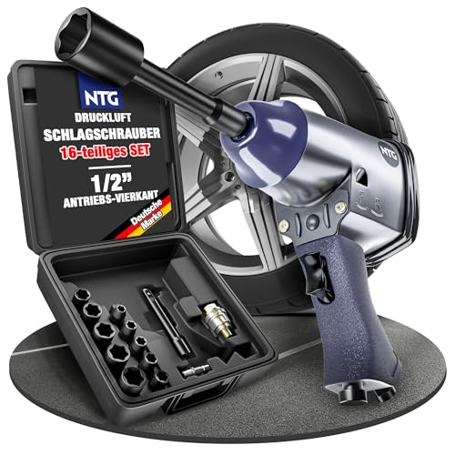 NTG Druckluft Schlagschrauber 310 Nm 1/2 Zoll mit Koffer und 10 Nüssen für Reifenwechsel KFZ Werkstatt Set 16-teilig mit Drehmoment Schnellkupplung Mini Nebelöler 6 3 bar