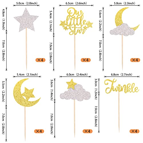 24 Pack Little Star Cupcake Toppers Glitter Moon Cloud Cupcake Picks Twinkle Star Baby Shower Kids Birthday Wedding Party Cake Decorations Supplies Gold #TOP1