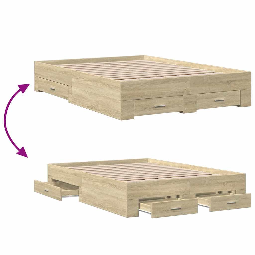 vidaXL Cama con Cajones, Somier Doble de Invitados, Estructura de Cama, Mueble para Dormitorio, Madera de Ingeniería Roble Sonoma 135x190 cm