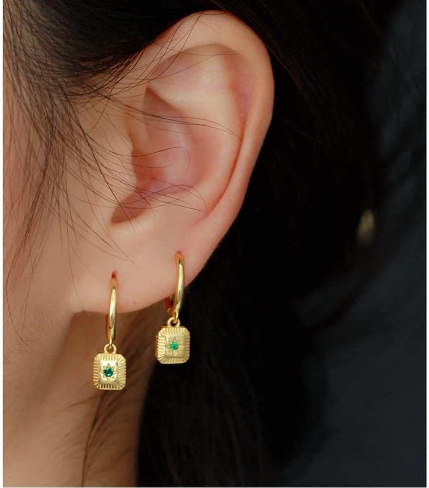 Vintage Square Drop Dangle Small Hoop Earrings for Women Girls 925 Sterling Silver Green CZ Star Charms Drop Dangling Huggie Hoops Cartilage Hypoallergenic Jewelry Gifts Christmas Birthday - Image 2