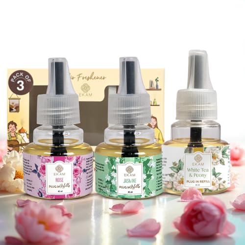 EKAM | Combo Pack Of 3 | Floral Fragrance Scented Plug-In Air Freshener Refill liquid,| 45ml Each | Lasts up to 125 Days Each / 500 Hours Each | Perfect for Living Rooms, Bedrooms & More EKAM | Combo Pack Of 3 | Floral Fragrance Scented Plug-In Air Freshener Refill liquid,| 45ml Each | Lasts up to 125 Days Each / 500 Hours Each | Perfect for Living Rooms, Bedrooms & More