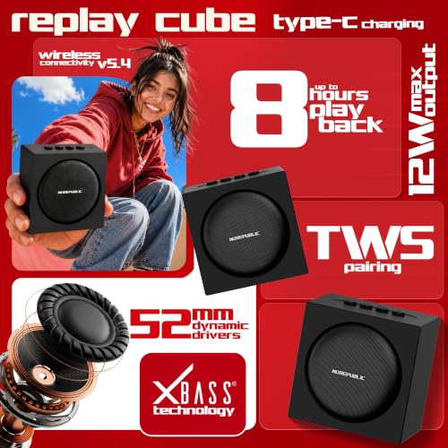 Image of Nu Republic Replay Cube Wireless Bluetooth Speaker | 12W Portable Speaker with 52mm Dynamic Drivers | Wireless Connectivity v5.4 | Up to 8 Hours Playtime (Black)
