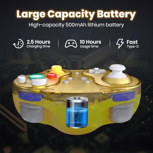 Image of 2.4 GHz Wireless GameCube Controller for Switch 1 & 2, NGC, Clear Yellow | (Built-in Vibration) (Rechargeable) (Analog Triggers / Stick) Compatible with Switch Online, Windows PC, macOS