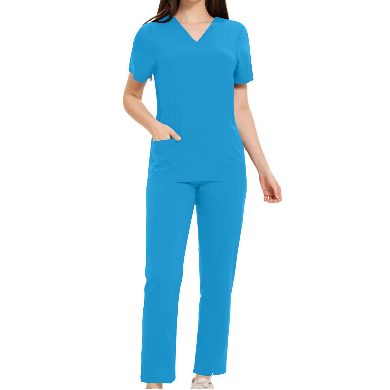Scrub Sets for Woman Short Sleeve V Neck Scrubs Top & Straight Leg Nurse Uniform Jogger Suit with Multi Pockets