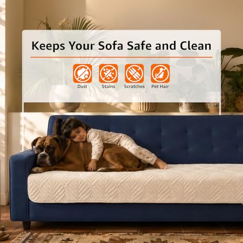 Image of Amazon Basics - Velvet Quilted Make Your Own Sofa Cover |70 x 180 cm| Microfiber Sofa Slipcover (Beige, 3 Seater)