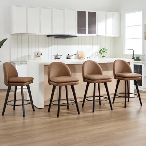 Butacos de altura para barra, set de 4 unidades, modernos giratorios con respaldo, sin brazos, tapizados en cuero sintético, patas de madera maciza, color marrón, para isla de cocina miniatura 6