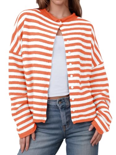 Image of Saodimallsu Womens Striped Cardigan Casual Long Sleeve Open Front Button Down Loose Knit Lightweight Fall Sweaters