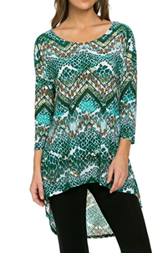 Plum Feathers Women's Poly Span Print High & Low Tunic with 3/4 Sleeves