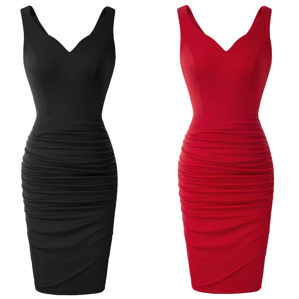 Vestito Abito Dress Donna Abiti da Donna Abito A Tubino Plissettato Senza Maniche Scollo A V U-Back Fianchi Avvolto Abito Formale Aderente Sexy Mini Lady