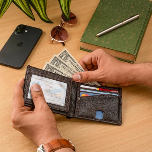 ALIKA Premium Top Grain Leather Wallet for Men | RFID Blocking | Soft and Stylish Bifold Wallet with 8 Credit Card holder, 2 ID slots and 2 Cash Pockets | Dark Brown4