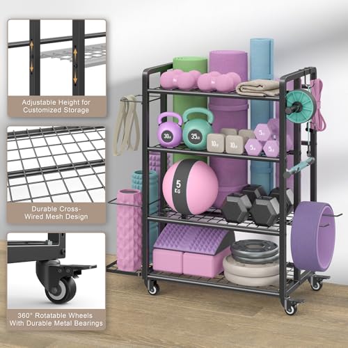 4-Tier Dumbbell Rack Stand Only, Adjustable Weight Rack for Dumbbells Kettlebells Yoga Mat, Home Gym Storage Rack with Wheels and Hooks, Powder Coated Finish - Image 7