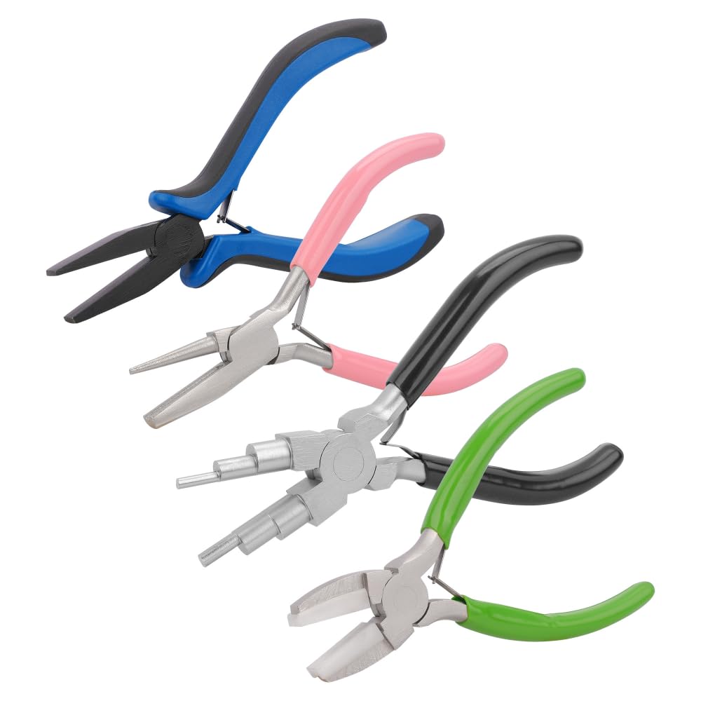 TUNQISM 4-Piece jewelry pliers set,6 in 1 ring making,Nylon, wire bending, Teflon flat-head pliers for Beading Looping Shaping Wire DIY Crafts
