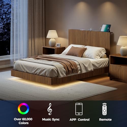 Image of Evermagin Walnut Full Floating Bed Frame with Headboard | Mid Century Modern Fluted Platform Bed with LED Lights, Heavy Duty Bedframe with Charging Station, No Box Spring Needed