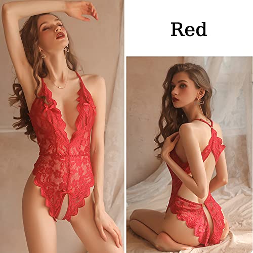 KOEMCY-Lenceria-Mujer-Sexy-Conjunto-Lenceria-Cuello-en-V-Profundo-Ropa-Interior-Camison-Transparente-una-Pieza-Bodydoll-Encaje-Ropa-de-Dormir-Conjunto-de-Lenceria