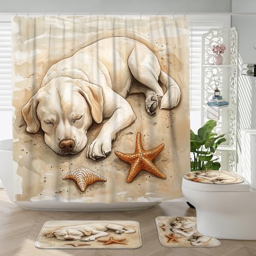 Ensemble de salle de bain 4 pièces avec tapis antidérapant, tapis en forme de U et couvercle de WC, motif chien labrador retriever, décoration de salle de...
