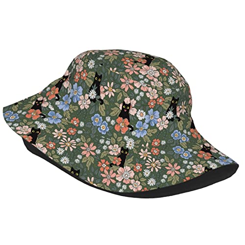 Floral Black Cat Bucket Hat For Women Men Funny Travel Summer Beach Fishing Sun Hats #TOP1