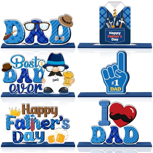 DoubleFill 6 Pcs Father's Day Centerpiece Table Decorations Happy Father's Day Wood Table Signs with Base Gnome Heart Suit and Tie Best Dad Ever I Love Dad for Kitchen Father's Birthday Party Gift