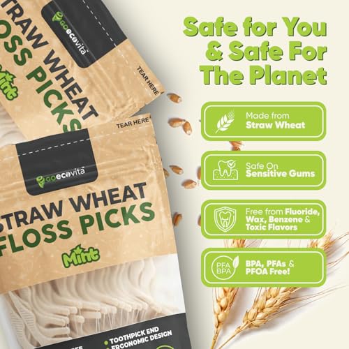 Image of Dental Floss Picks - Straw Wheat Handle Flossers | Thin & Shred-Resistant Thread for Tight Gaps | Flossers for Adults | Gentle on Gums & Teeth | Gluten-Free & Vegan (100 Pack, Mint)