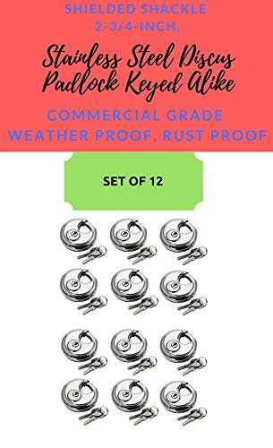 Exclusive Discount 90% Price Box of 12, Round Disc Padlocks Keyed Alike 70mm, 2-3/4-inch Heavy Duty Stainless Steel Discus Storage Lock Padlock Hardened Steel Shackle Waterproof Commercial Grade All The Same Keys (12)