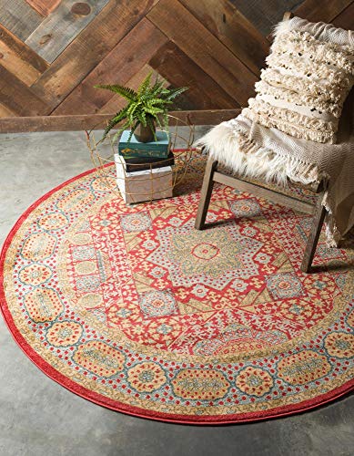Rugs.com Amina Collection Rug – 6' Round Red Flatweave Rug Perfect for Kitchens, Dining Rooms