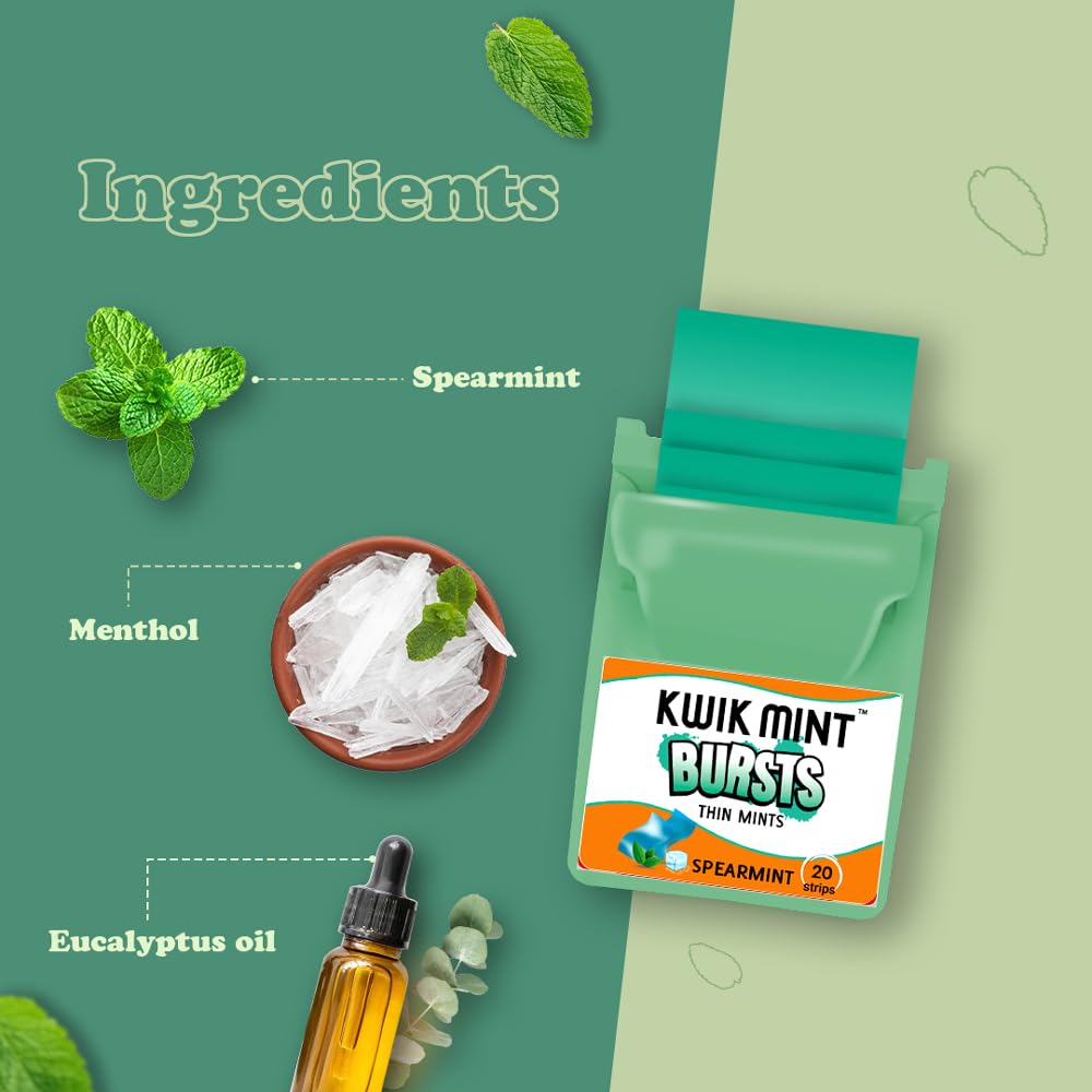 Kwik Mint Bursts Sugar Free Mouth Freshener Oral Care Strips, Spearmint Flavour for Fresh Breath | Refreshes Your Throat, Clear Nostrils- 200 Strips - Pack of 10 (Spearmint Blister Pack) 2