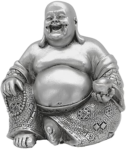 Bellaa 25761 Laughing Buddha Statue Lucky Happy Sitting 6 inch (Silver Buddha)