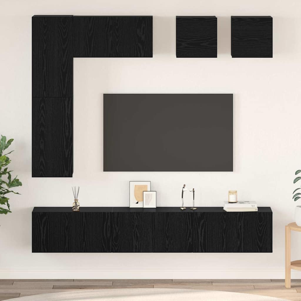 Ensemble Meuble TV Mural 8 pièces en Bois d'ingénierie chêne Noir avec Portes, étagères et Rangement, Design Moderne scandinave pour Salon séjour Chambre, Support Console Buffet Angle