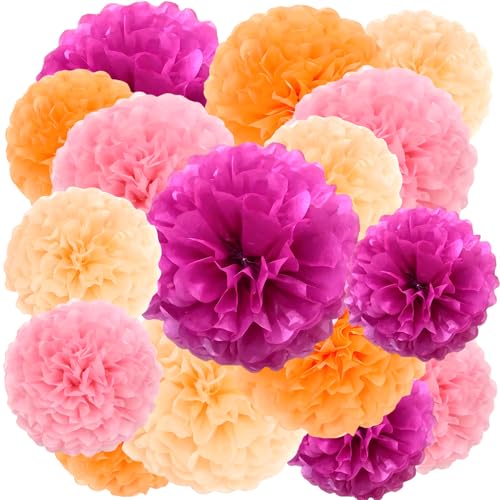 16 Pièces Pompons en Papier de Soie Rose, Fleurs Papier Pompons Papiers de Soies Orange Blanc...
