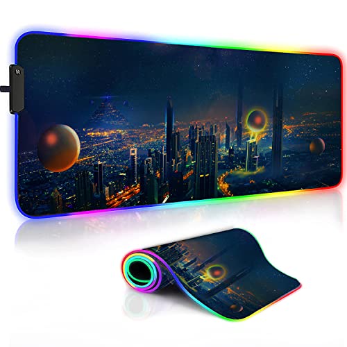 Image of Extended RGB Gaming Mouse Pad, (800mm x 300mm x 4mm) Extra Large Gaming Mouse Mat for Gamer, Waterproof Office Desktop Mat with 12 Lighting Mode (City Height)