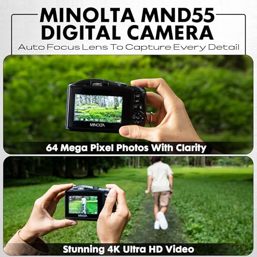 Image of Minolta 64MP Camera (Black) - 4K 60FPS video, 16x zoom, WiFi, CMOS sensor, 3 inch LCD, auto exposure, includes 32GB memory card and rechargeable battery (Renewed)