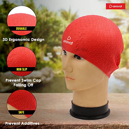 Image of Airavat Swim Bubble Cap, Silicone Swim Cap, Comfortable Bathing Cap Ideal for Curly Short Medium Long Hair, Swimming Cap for Women and Men (Red)