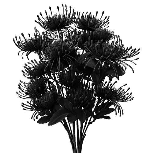 Ovveroche 6PCS Black Artificial Fake Mums Halloween Fall Faux Pincushion Flower Spider Mum Flower for Holiday Table Centerpiece Home Party Decoration