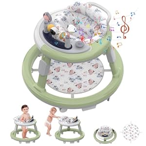 Baby Walker, Baby Walker with Wheels, Infant Toddler Walker with Foot Pads, Anti-Fall Baby Walkers and Activity Center for Boys Girls Babies 6-24 Months with Music Adjustable Heights (Green)