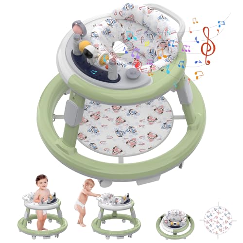 Baby Walker, Baby Walker with Wheels, Infant Toddler Walker with Foot Pads, Anti-Fall Baby Walkers and Activity Center for Boys Girls Babies 6-24 Months with Music Adjustable Heights (Green)