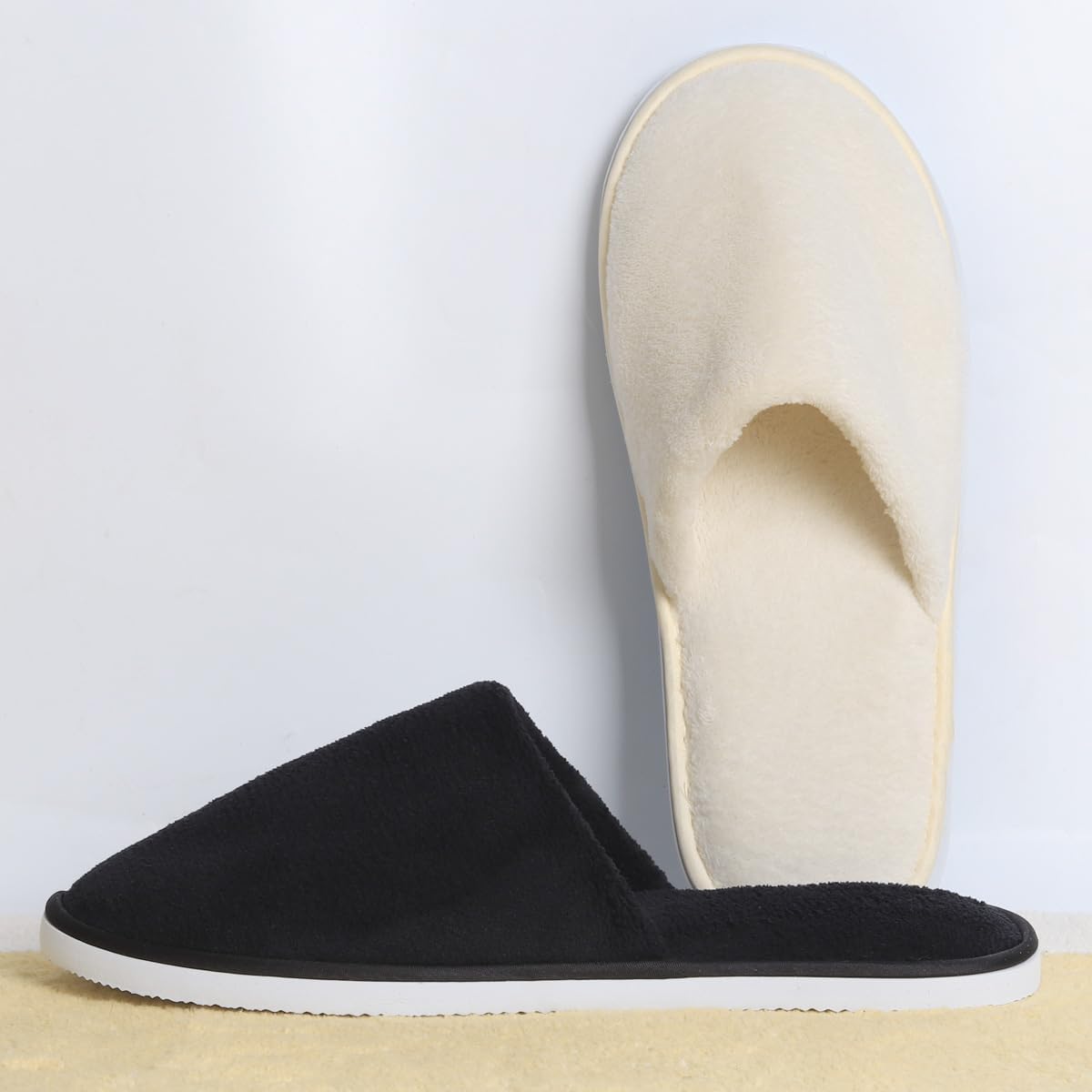 Yeios 12 Pairs Disposable Slippers for Guests Hotel Slippers Disposable Spa Slippers,0.78inch Sole 180GSM Coral Fleece Non-slip Reusable House Bulk for Adult for Men and Women Beige and Black