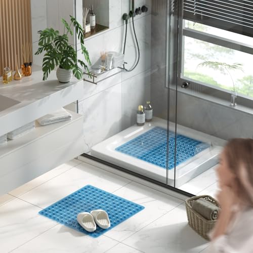 Image of HITSLAM Shower Mat Anti Slip, Square Bath Mat for Tub Non Slip with Suction Cups and Drain Holes, 24x24 Inch Bathroom Shower Stall Floor Mat, Machine Washable, Soft on Feet, Blue