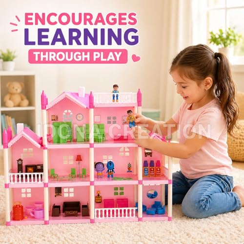 Image of DIY Doll House for Girls, 201 Pieces Multi-Level Play House with Furniture, Bedroom Kitchen Bathroom Living Room Set, Educational Pretend Play Toy for Kids Age 3+ Years, Pink