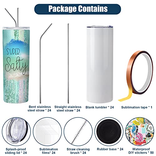 24 Pack 20 Oz Sublimation Tumblers Bulk Kit, Stainless Steel Blank Straight Skinny Travel Tumbler Set With Lid, Rubber Base, Straw Brush, Diy Sticker, Shrink Wrap For Heat Transfer Press #TOP2