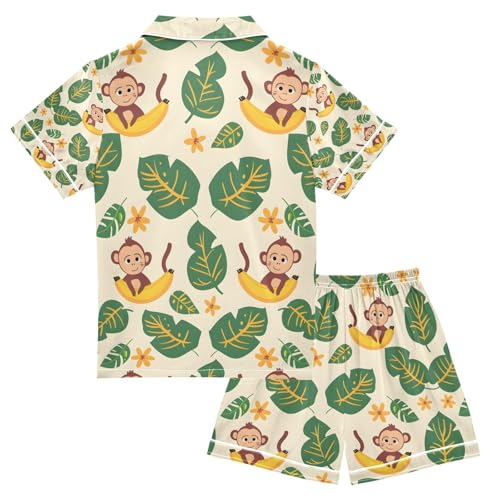 senya Cartoon Banana Monkey Satin Summer Pajama Sets Silk Short Sleeve Button Down Sleepwear2