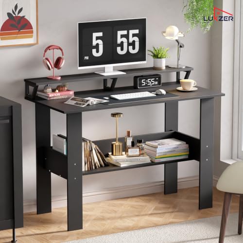 Image of Lukzer Study Table with Monitor Riser & Open Book Shelf (MST-004 /Black) Engineered Wood Computer Table for Laptop, PC & Home Office, DIY Office Desk with Storage Organizer Shelf (90 x 86 x 50 cm)