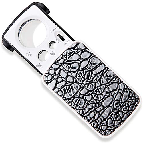PhoenixLoupe ジュエリー鑑定 校正・校閲用 携帯ルーペ【30倍&60倍&90倍】3種類レンズ/LEDライト/ブラックライト付き (シルバー)