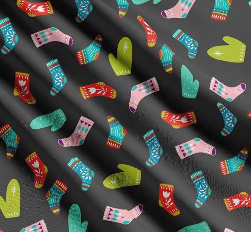 Image of Soimoi Gray Cotton Poplin Fabric Socks & Gloves Folk Art Printed Fabric 1 Meter 42 Inch Wide