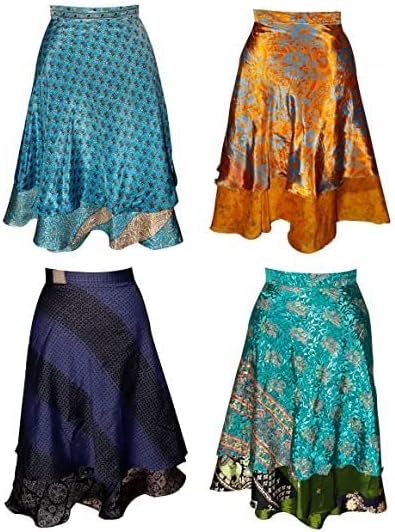 Boho Sari Silk Long Wrap Skirts - Set of 1 Multi - Image 3